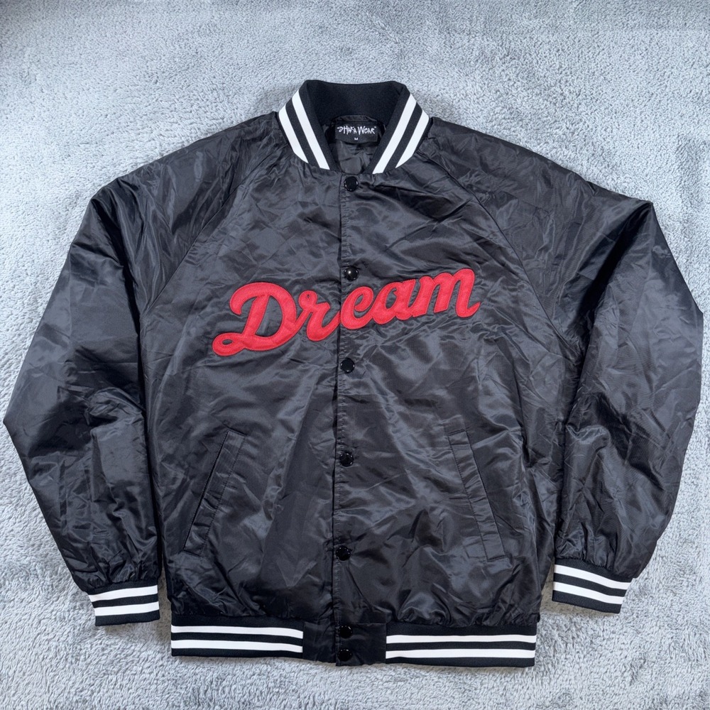 "Dream" Varsity Bomber Jacket Mens Med, Black/Red Nylon Snap Lined